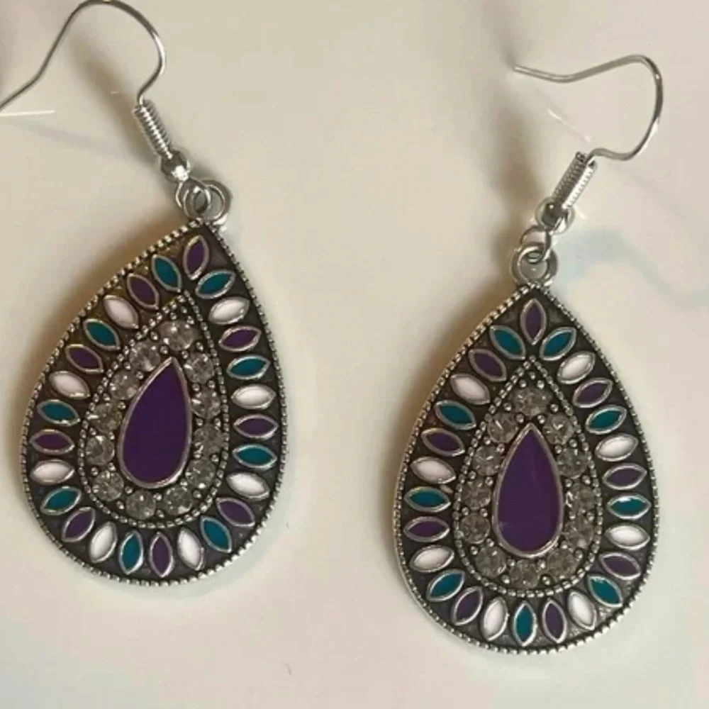 NWT! Bohemian Boho Turquoise and Purple Silver Tone with Rhinestones Earrings!